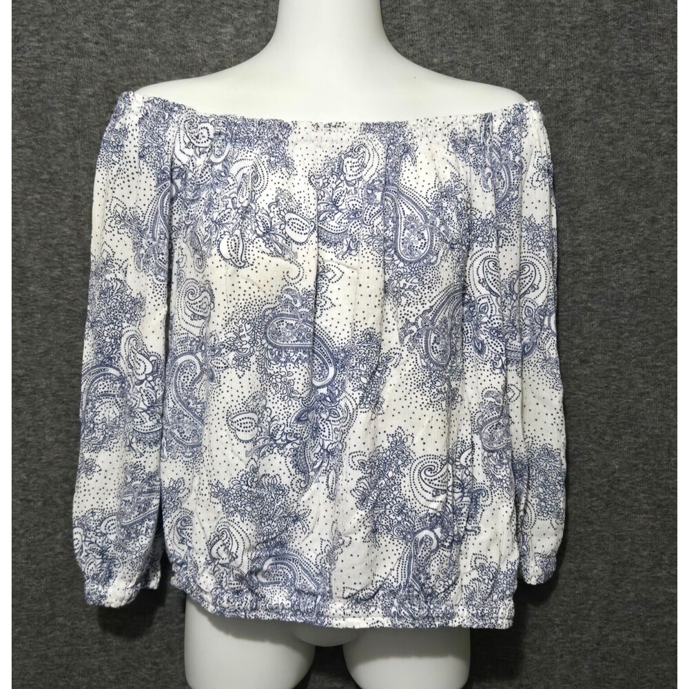 Tommy Hilfiger Top Womens Medium White Blue Paisley Long Sleeve Off Shoulder